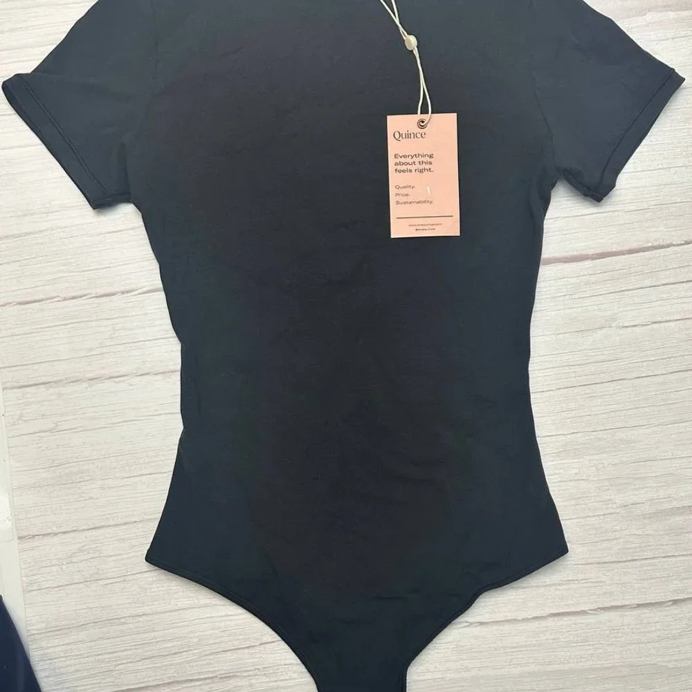 Quince Stretch Cotton Jersey Short Sleeve Bodysuit Size XS- NWT Black - Picture 7 of 9